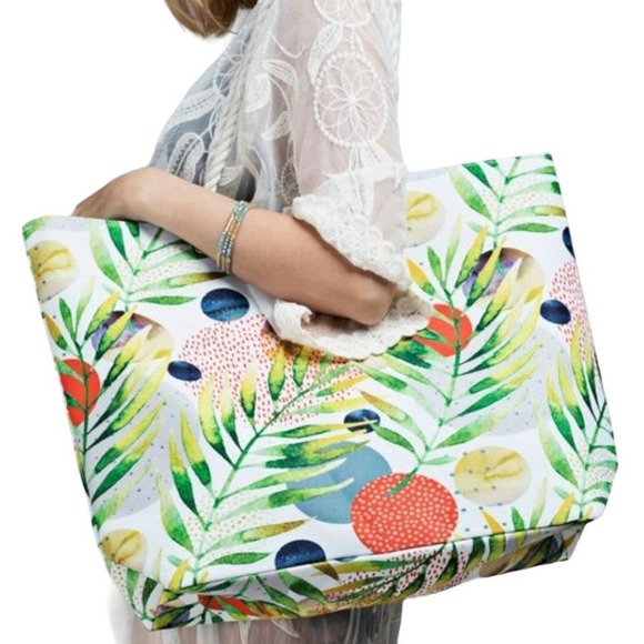 TROPICAL LEAF WITH FLOWER PRINT & ABSTRACT TOTE BAG - Picture 5 of 8